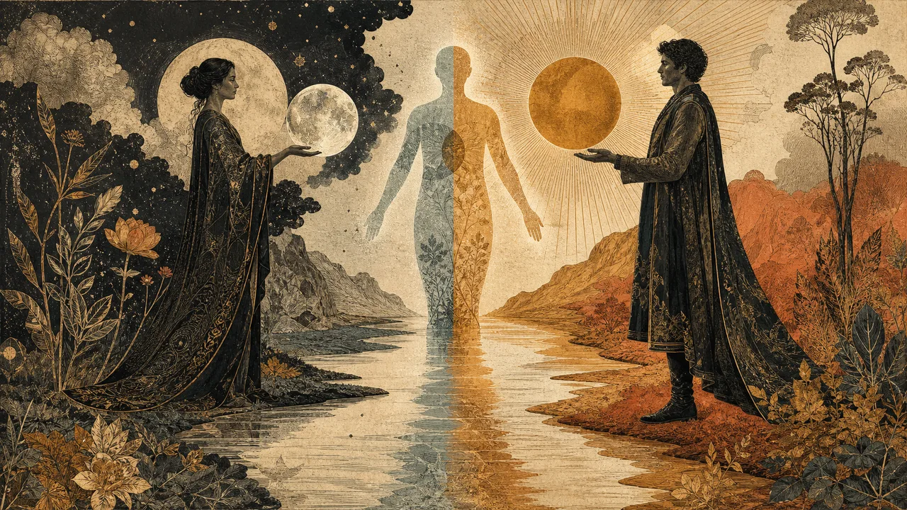 Duas figuras complementares unidas por um centro luminoso e símbolos interiores