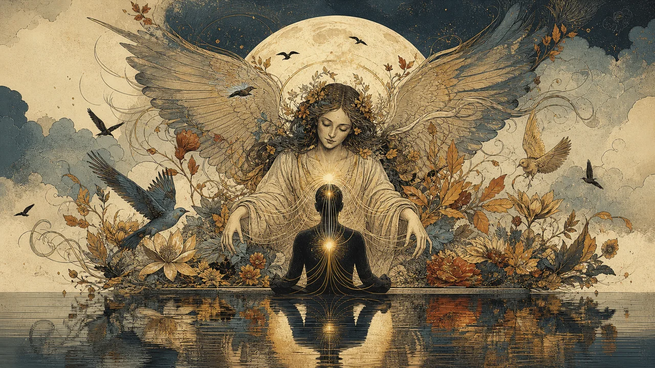 Arcanjo Haniel entre flores, luz rosada e elementos ligados à beleza e à harmonia