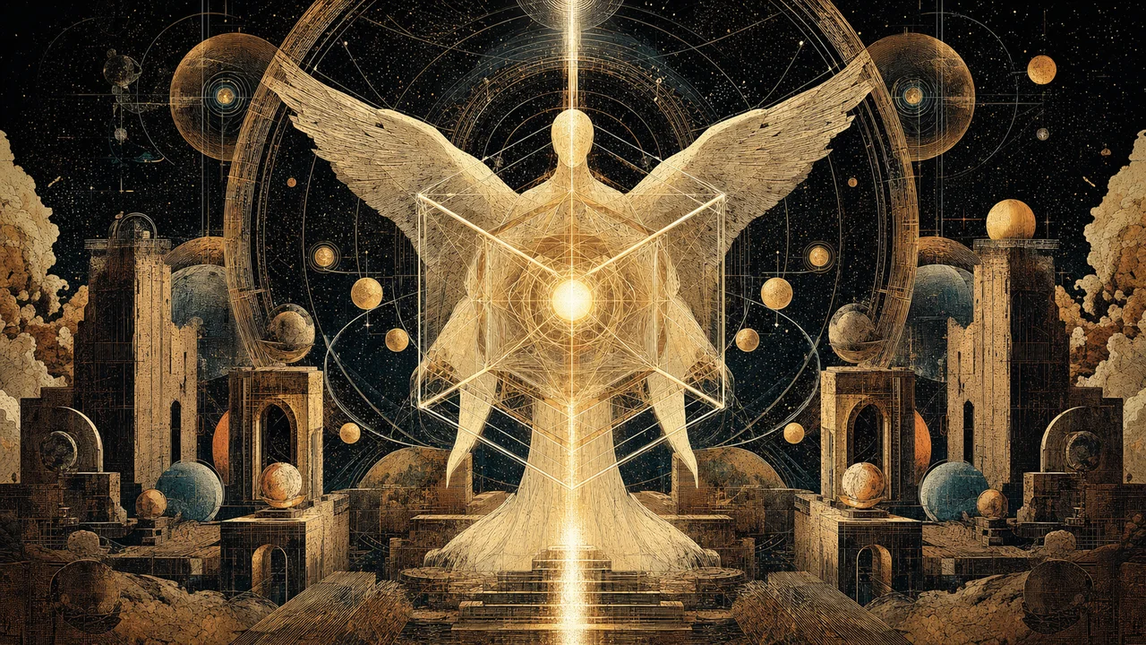 Arcanjo Metatron diante de uma geometria sagrada luminosa e registros cósmicos