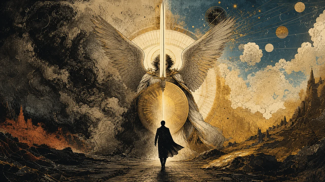 Arcanjo Michael com espada de luz azul diante de uma esfera de proteção