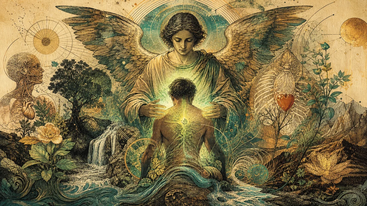 Arcanjo Raphael envolvendo uma pessoa com luz verde-esmeralda de equilíbrio