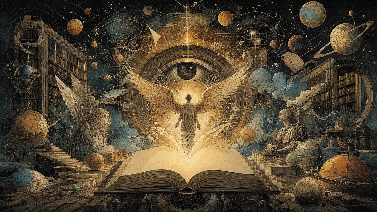 Arcanjo Raziel abrindo um livro luminoso cercado por símbolos dos mistérios divinos