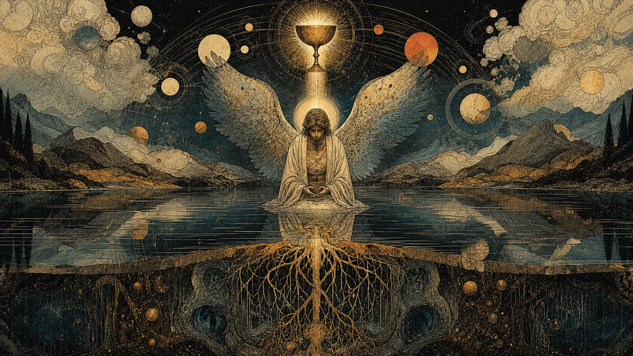 Arcanjo Tzaphkiel em contemplação diante de Saturno e de uma paisagem silenciosa