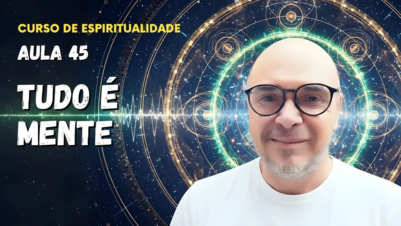 Professor Tibério Z diante de formas geométricas luminosas na Aula 45 sobre o princípio do mentalismo