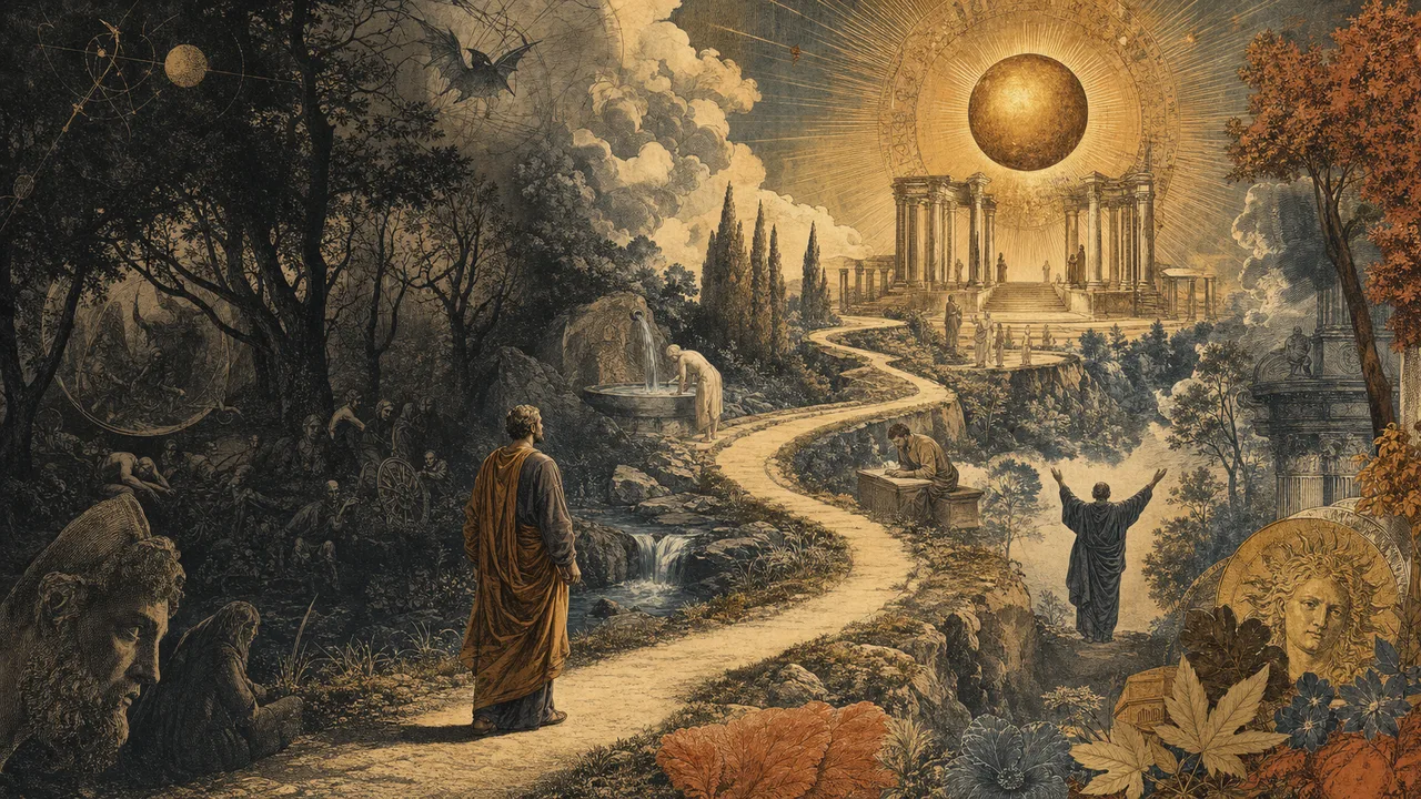 Discípulo percorrendo o caminho espiritual hermético da ignorância à luz do Nous