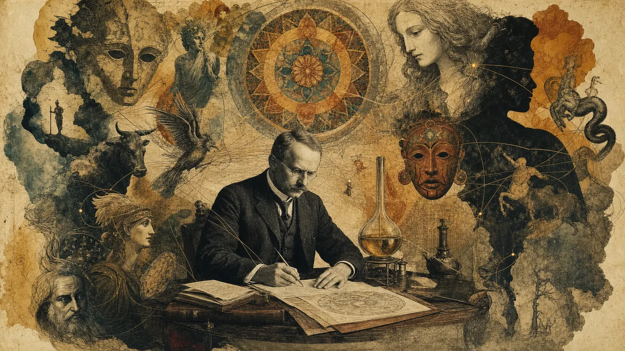 Carl Jung observando sonhos, mitos e mandalas conectados pela psique