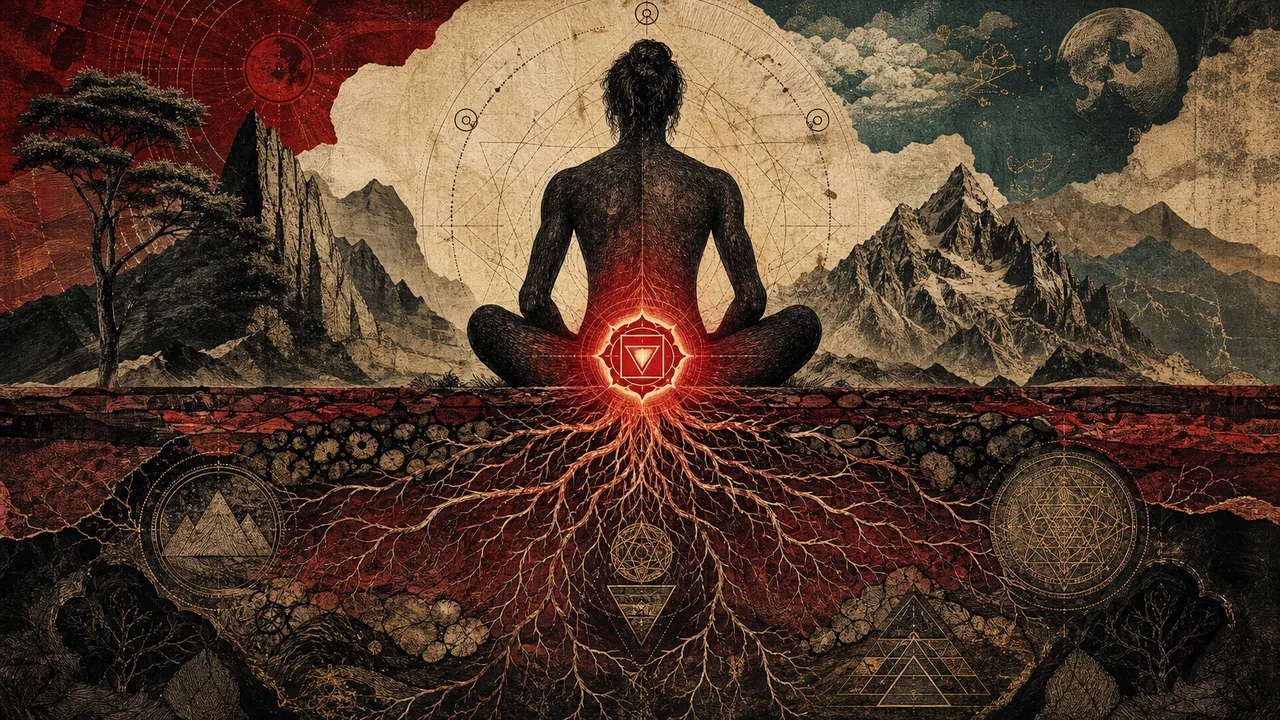 Pessoa meditando com energia vermelha no chakra básico e raízes luminosas conectadas à terra