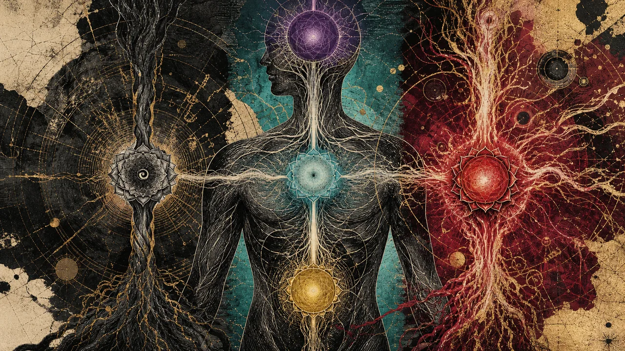 Três figuras meditativas representando chakra bloqueado, enfraquecido e em excesso