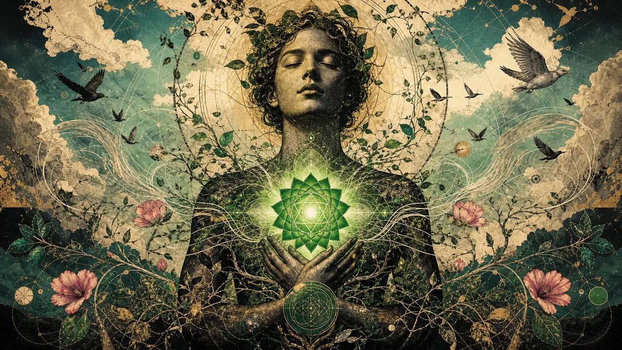 Pessoa meditando com energia verde e rosa no chakra cardíaco, simbolizando amor, compaixão e equilíbrio emocional