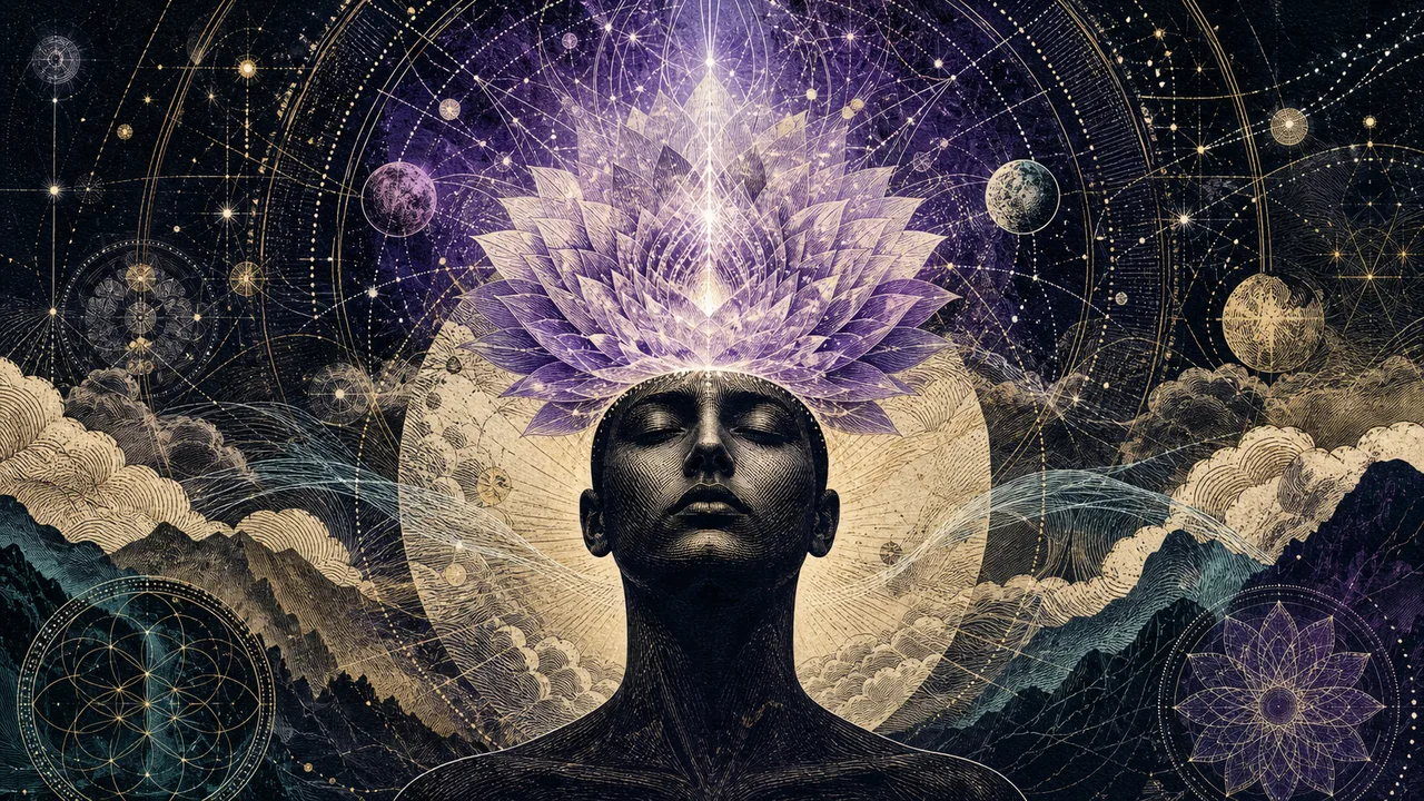 Pessoa meditando com lótus violeta luminoso no topo da cabeça representando o chakra coronário