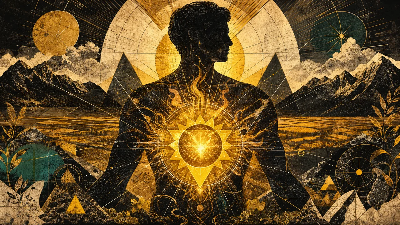 Pessoa meditando com energia amarelo-dourada no chakra do plexo solar ao nascer do sol