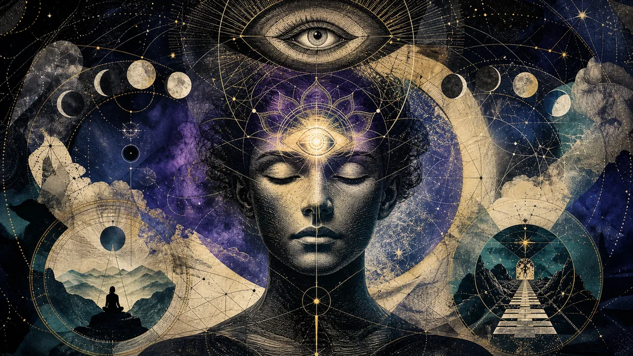 Pessoa meditando em atmosfera índigo com luz no chakra frontal entre as sobrancelhas