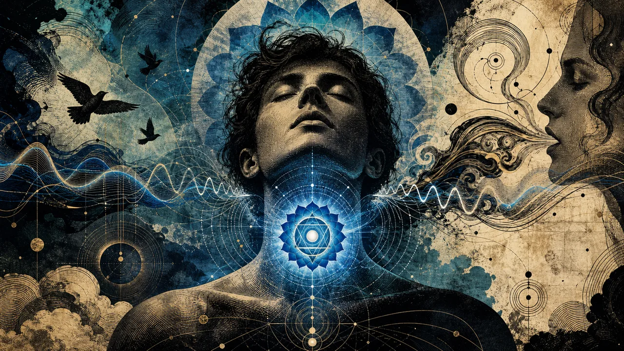 Pessoa meditando com energia azul luminosa no chakra laríngeo e ondas sutis de expressão ao redor