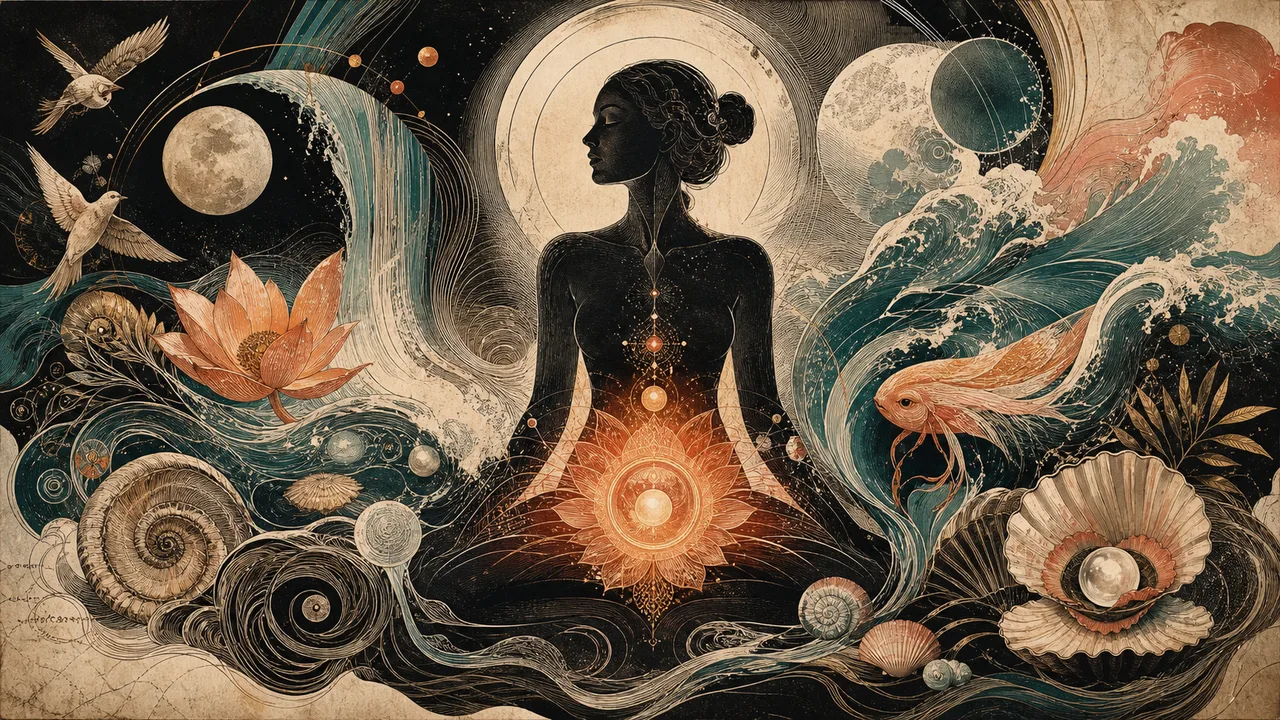 Pessoa meditando sobre a água com energia laranja no chakra sexual e formas fluidas ao redor