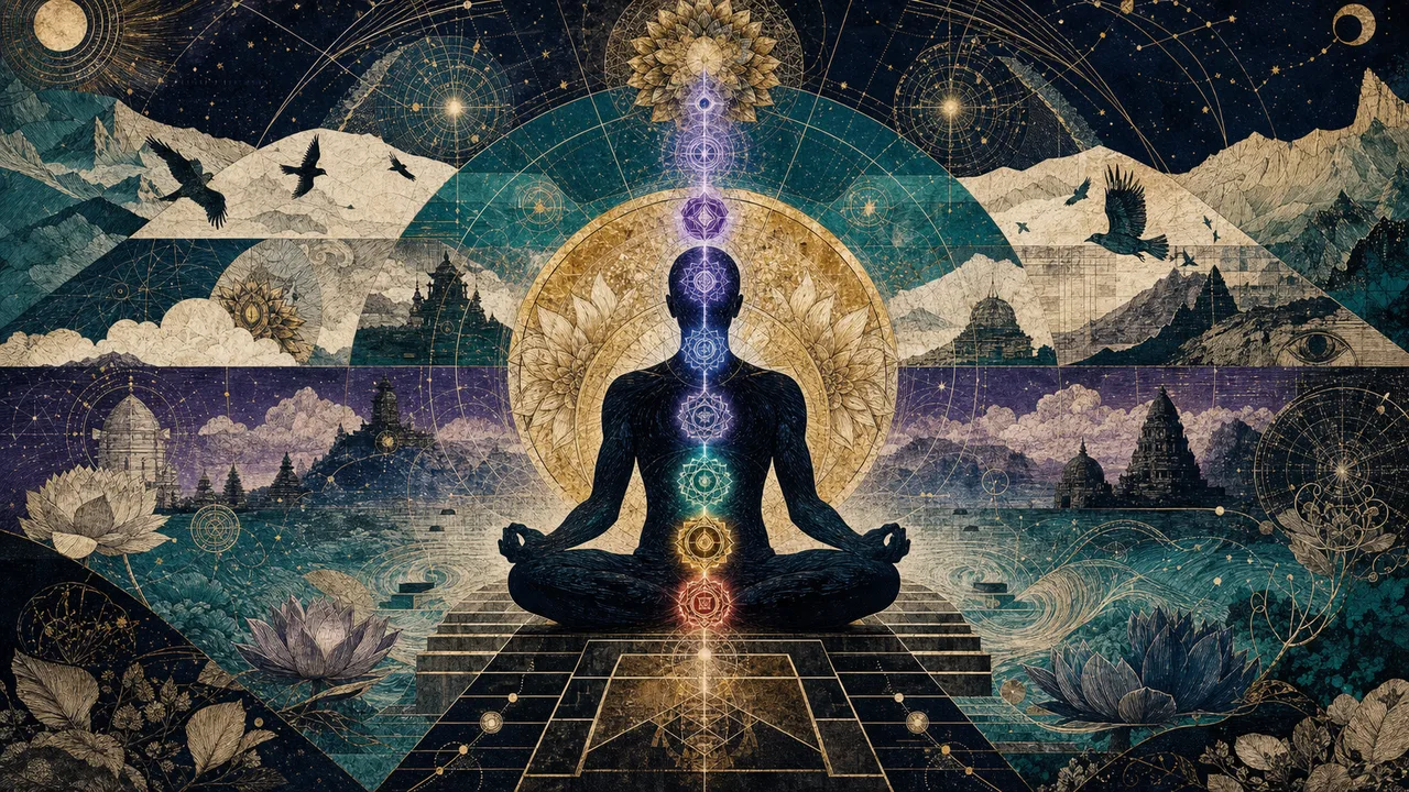 Pessoa meditando com chakras alinhados, raízes de luz na terra e coluna espiritual em direção ao céu