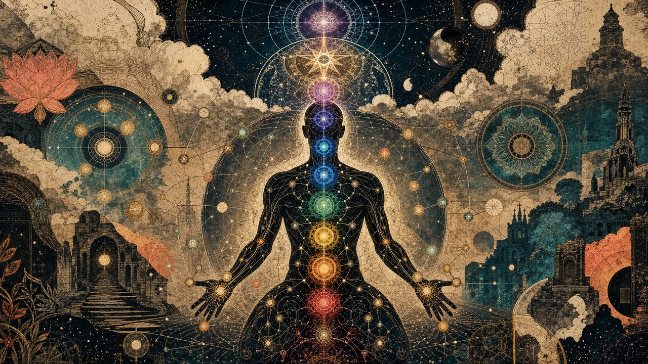 Pessoa meditando com sete chakras principais, centros secundários e chakras superiores acima da cabeça