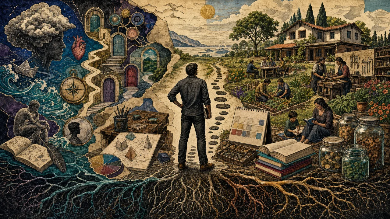 Pessoa observando um mapa luminoso de escolhas e caminhos ligados à prosperidade