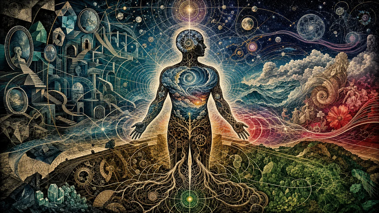 Figura humana integrada por ondas luminosas que conectam corpo, mente, emoções e consciência