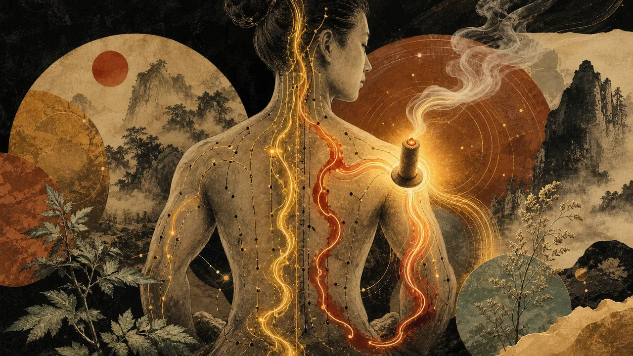 Composição surrealista sobre o calor da moxaterapia percorrendo meridianos e favorecendo o movimento de Qi e Sangue
