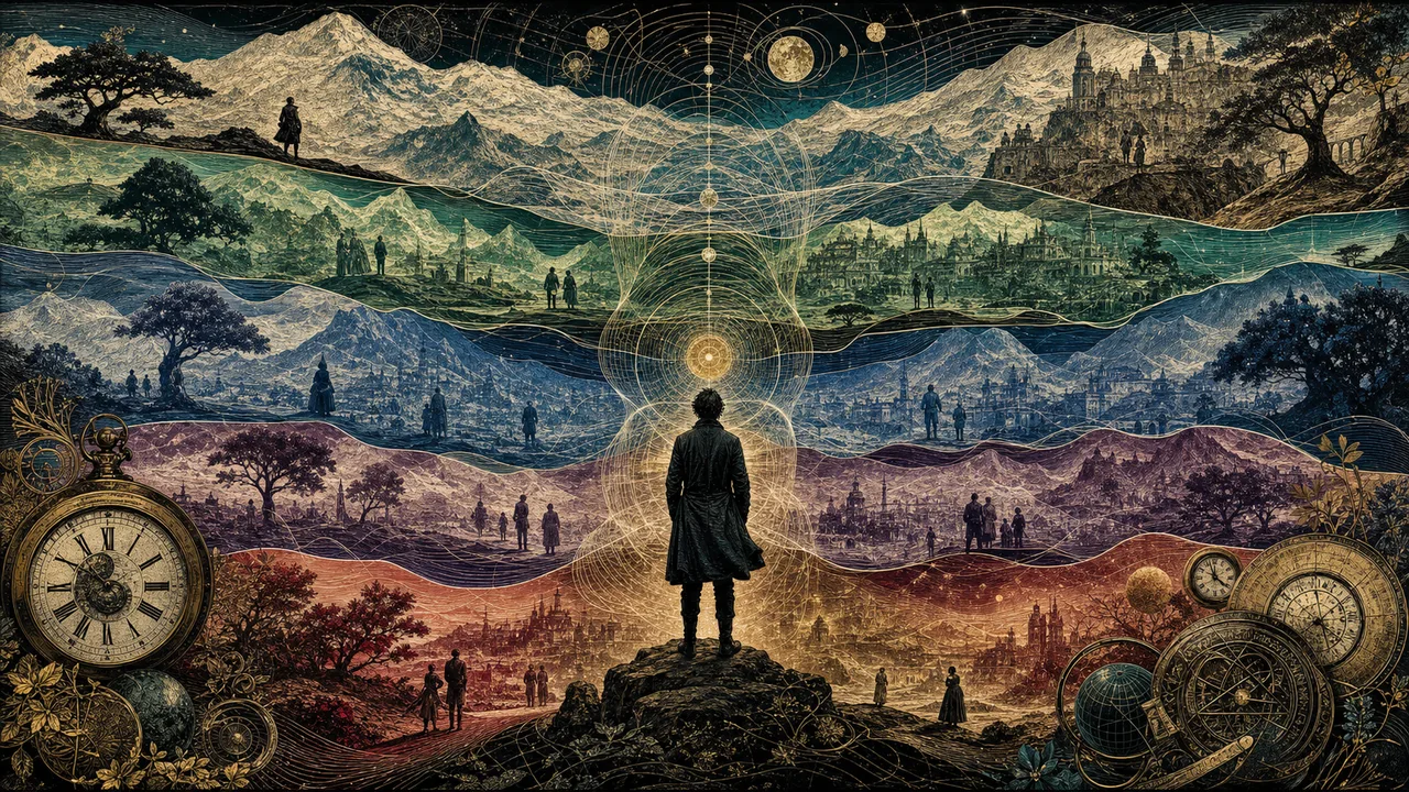 Pessoa meditando diante de camadas luminosas que representam dimensões, tempo e realidades sutis na terapia vibracional