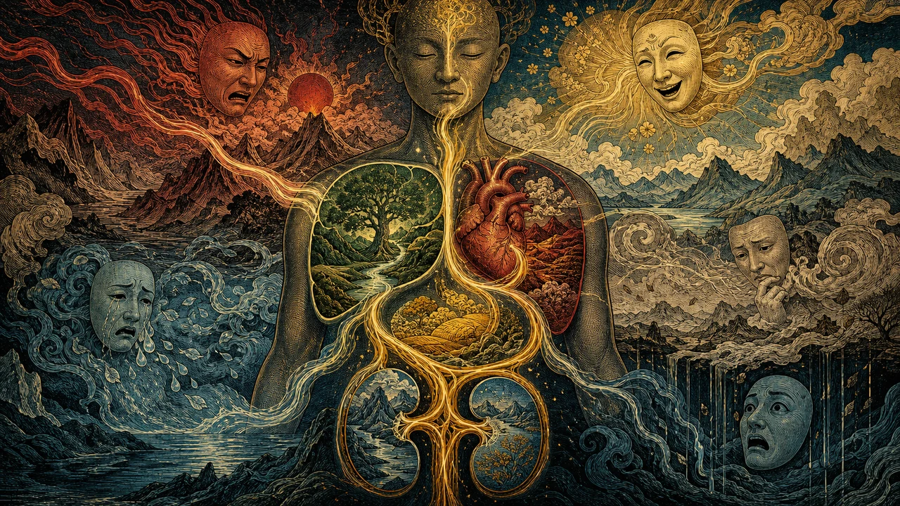 Representação surrealista das emoções, dos órgãos e do fluxo de Qi na Medicina Chinesa
