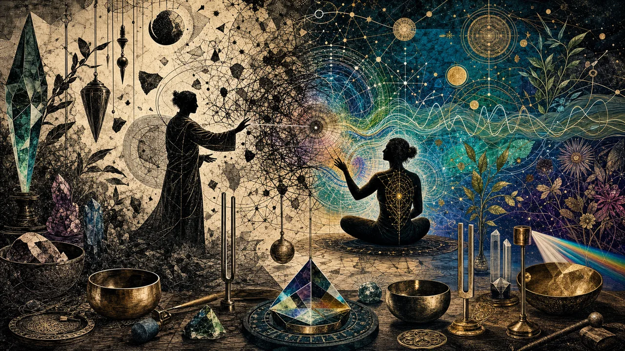 Terapeuta organizando energia e informação no campo vibracional com cristais e linhas luminosas