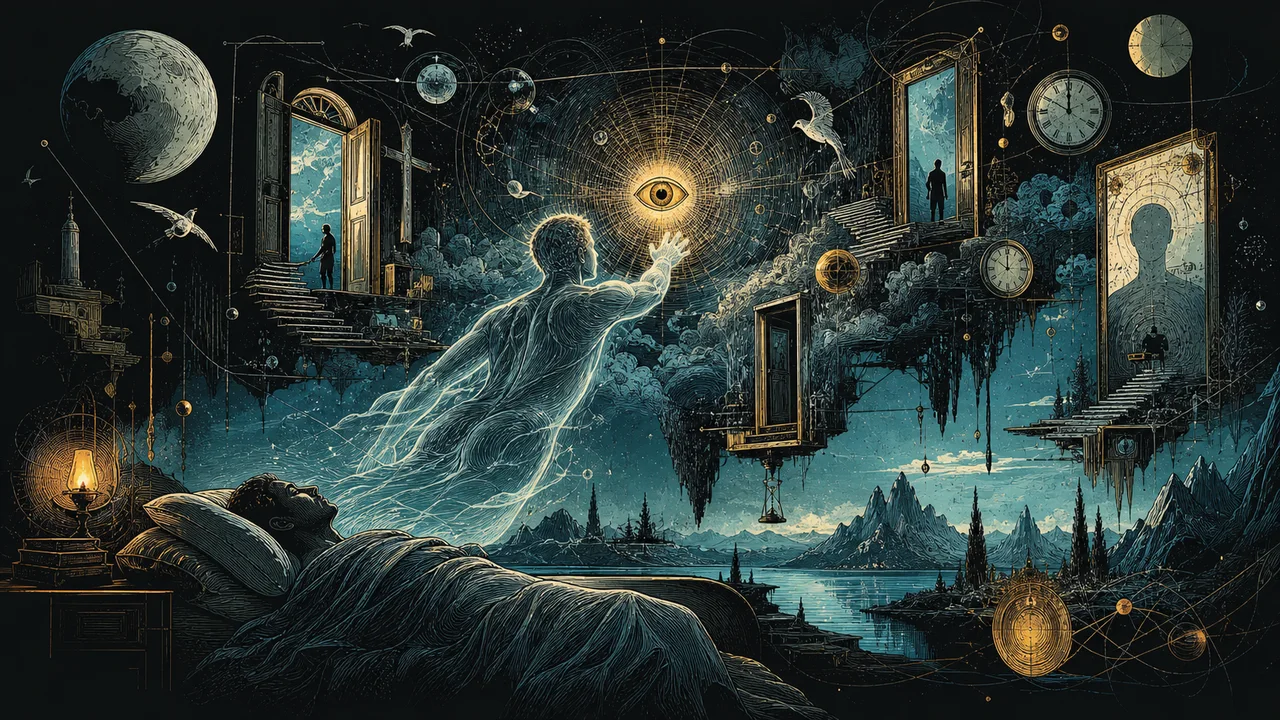 Corpo astral despertando lucidez diante de um olho luminoso em paisagem simbólica azul e dourada
