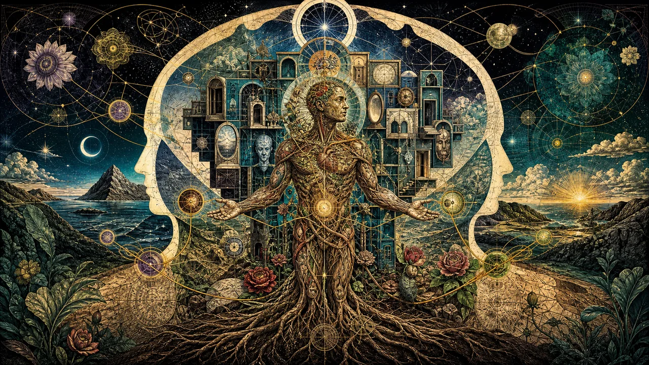 Figura humana com camadas luminosas representando consciência, ego e corpo no sistema vibracional