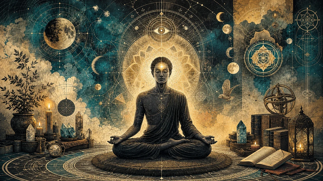 Pessoa meditando com luz suave no terceiro olho e energia equilibrada ao redor