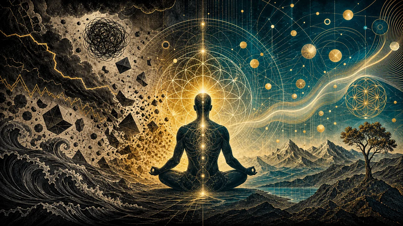 Pessoa meditando com o campo energético organizado e luminoso