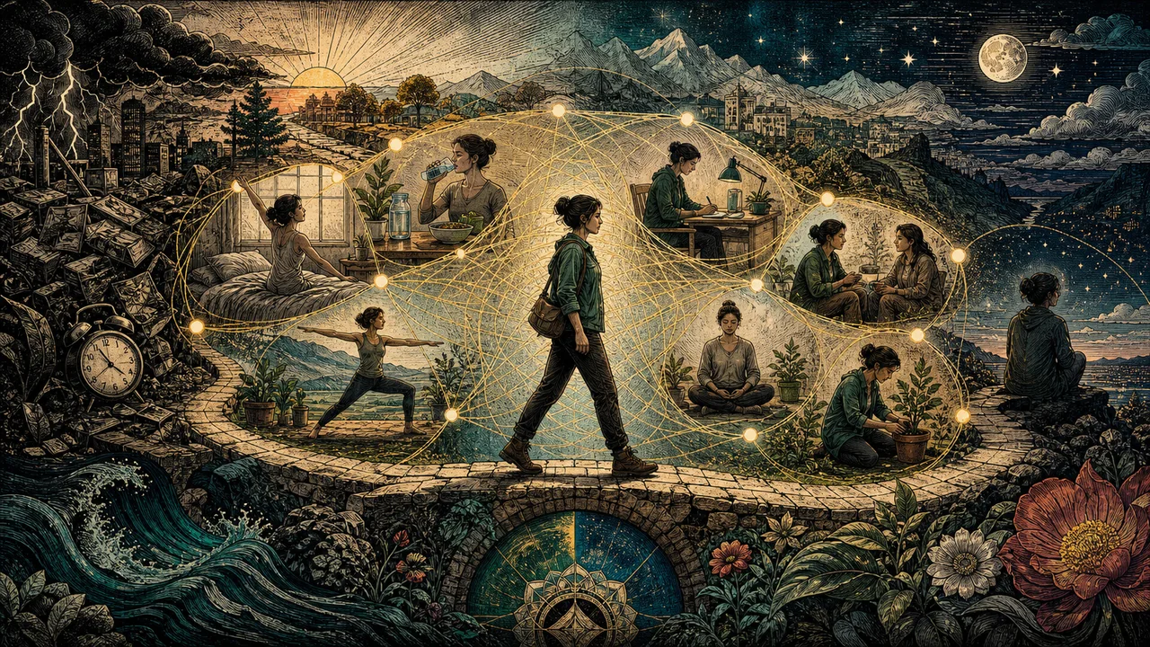 Pessoa caminhando com campo luminoso enquanto hábitos cotidianos sustentam a frequência vibracional