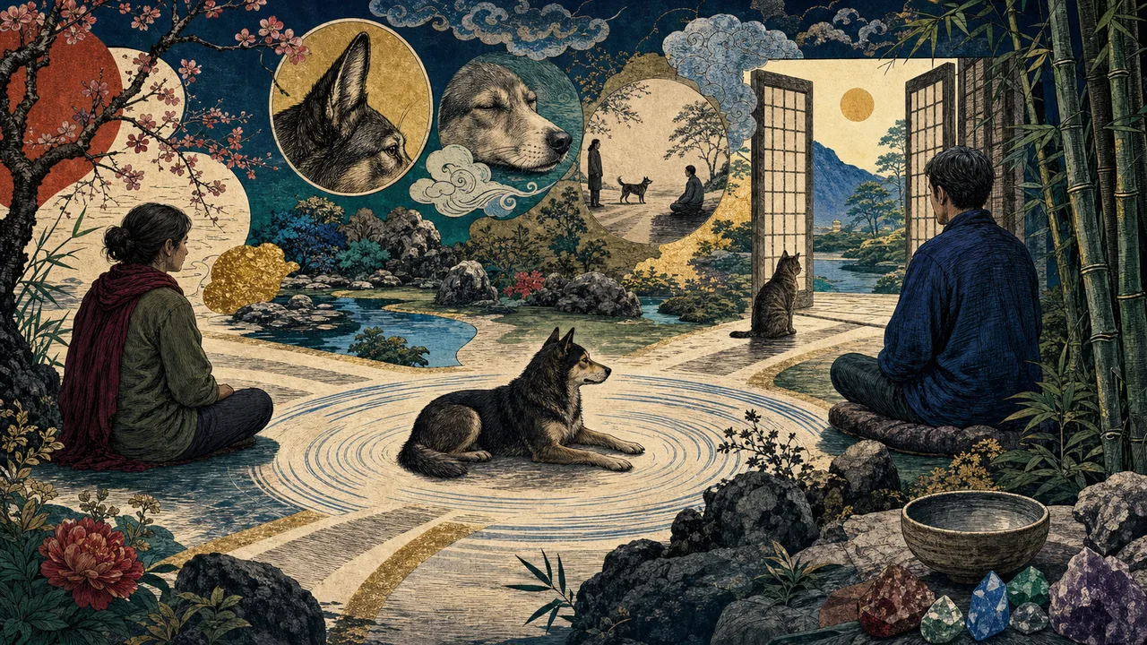 Aplicação de Reiki em cão e gato relaxados com luz suave em ambiente tranquilo