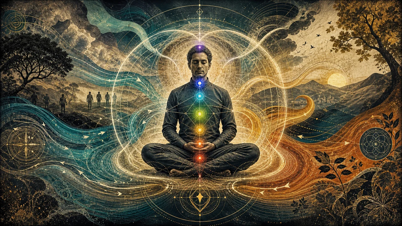 Pessoa meditando com aura, chakras e linhas de energia circulando ao redor do corpo
