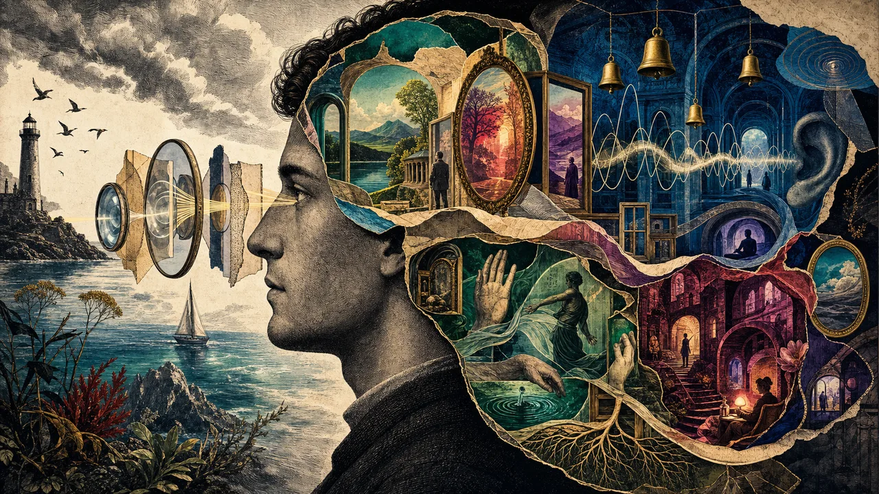 Pessoa refletindo com imagens sons e sensações internas representadas ao redor