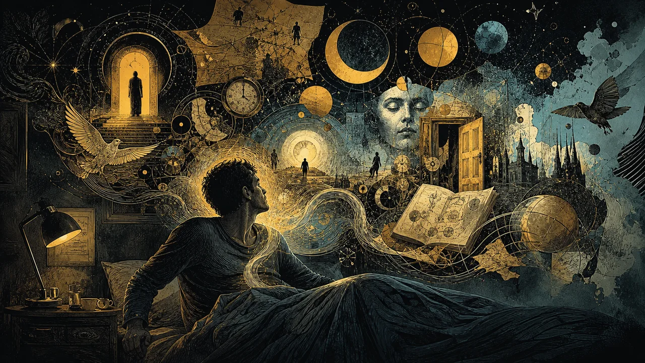 Pessoa despertando com lembranças sutis da projeção astral retornando à memória ao lado de um diário