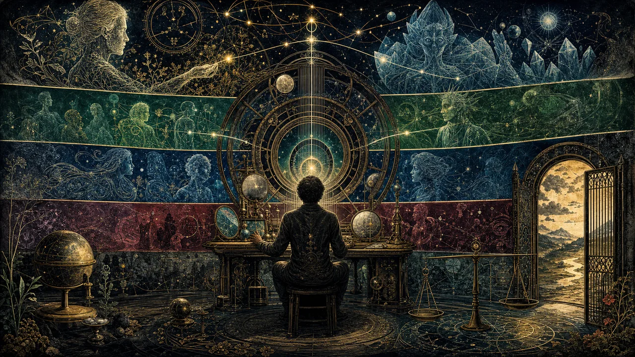 Pessoa em meditação diante de consciências sutis conectadas por linhas luminosas de sintonia vibracional