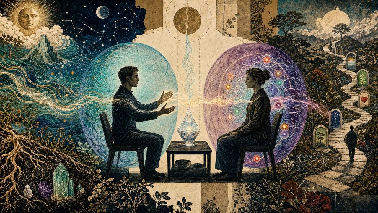 Aplicação de Reiki com energia vital organizada fluindo pelas mãos para o campo energético e os chakras da pessoa atendida