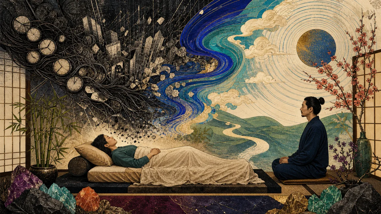 Pessoa recebendo Reiki em ambiente tranquilo com luz suave sobre cabeça e peito para relaxamento e redução do estresse