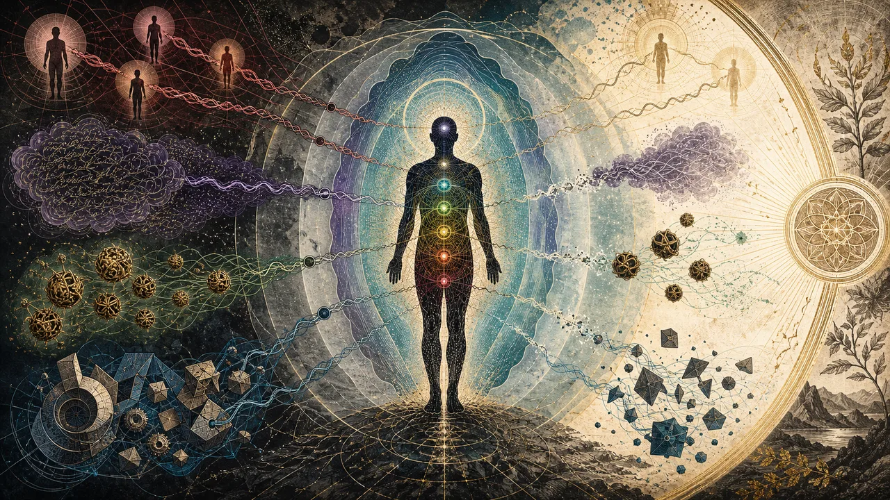 Pessoa com campo energético luminoso enquanto formas densas perdem sintonia vibracional ao redor da aura