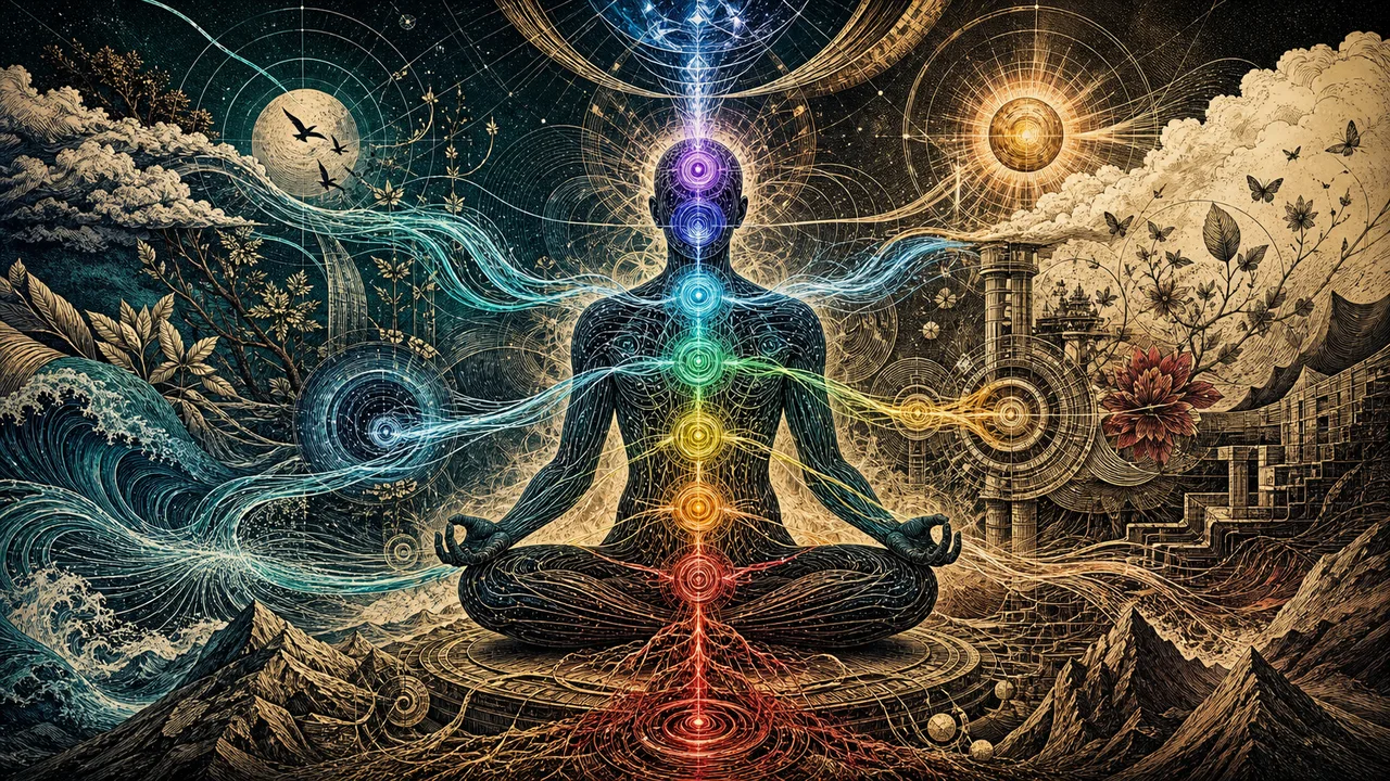 Pessoa meditando com chakras luminosos e fluxos de energia vital circulando pelo corpo energético
