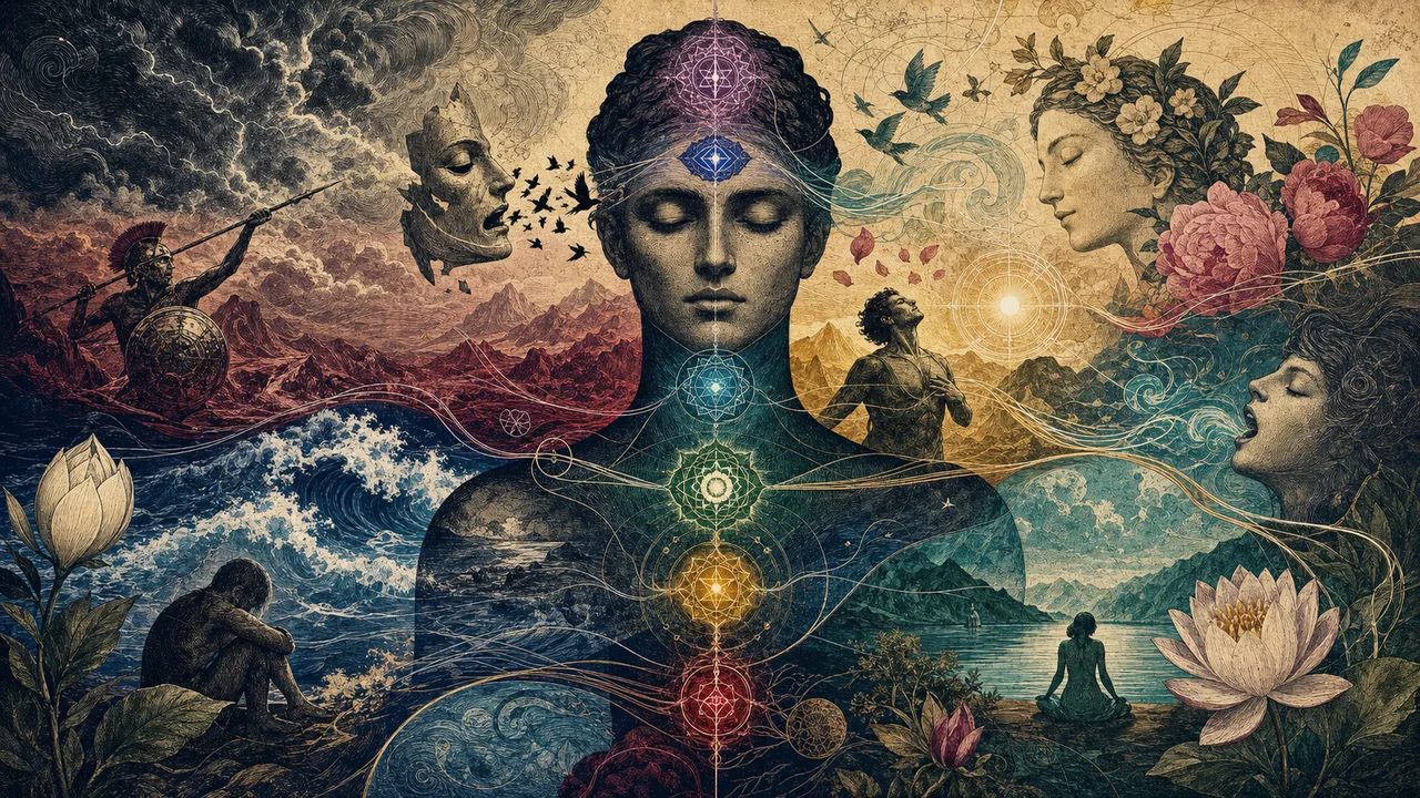 Pessoa meditando com chakras luminosos e ondas coloridas representando emoções em equilíbrio