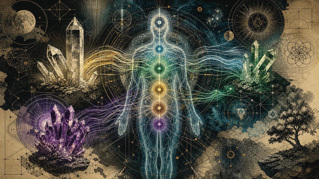 Cristais irradiando energia para o corpo etérico com chakras e canais sutis em composição simbólica de cristaloterapia