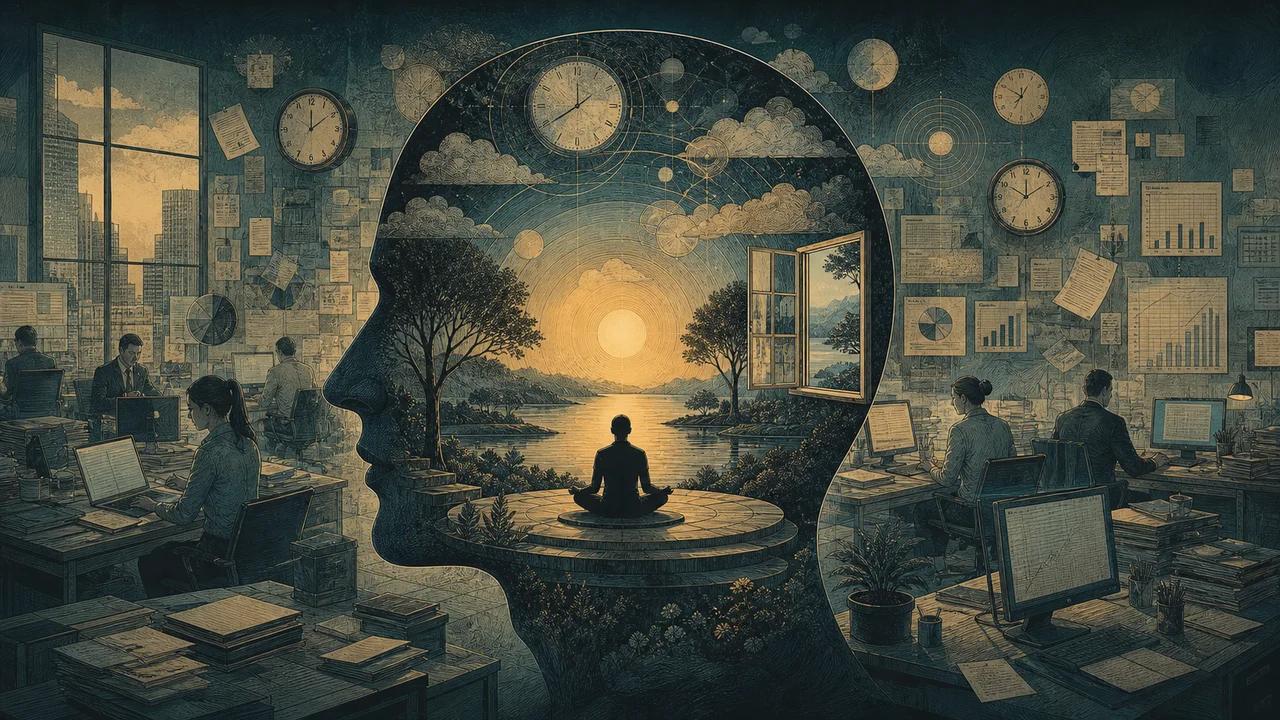 Pessoa praticando mindfulness no trabalho em uma pausa consciente diante de tarefas e mensagens suaves ao fundo