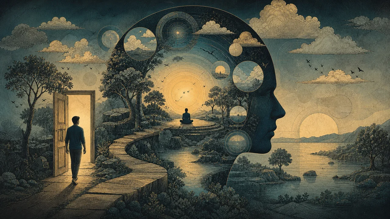 Pessoa iniciando uma prática simples de mindfulness em um ambiente calmo, com luz natural e elementos de rotina