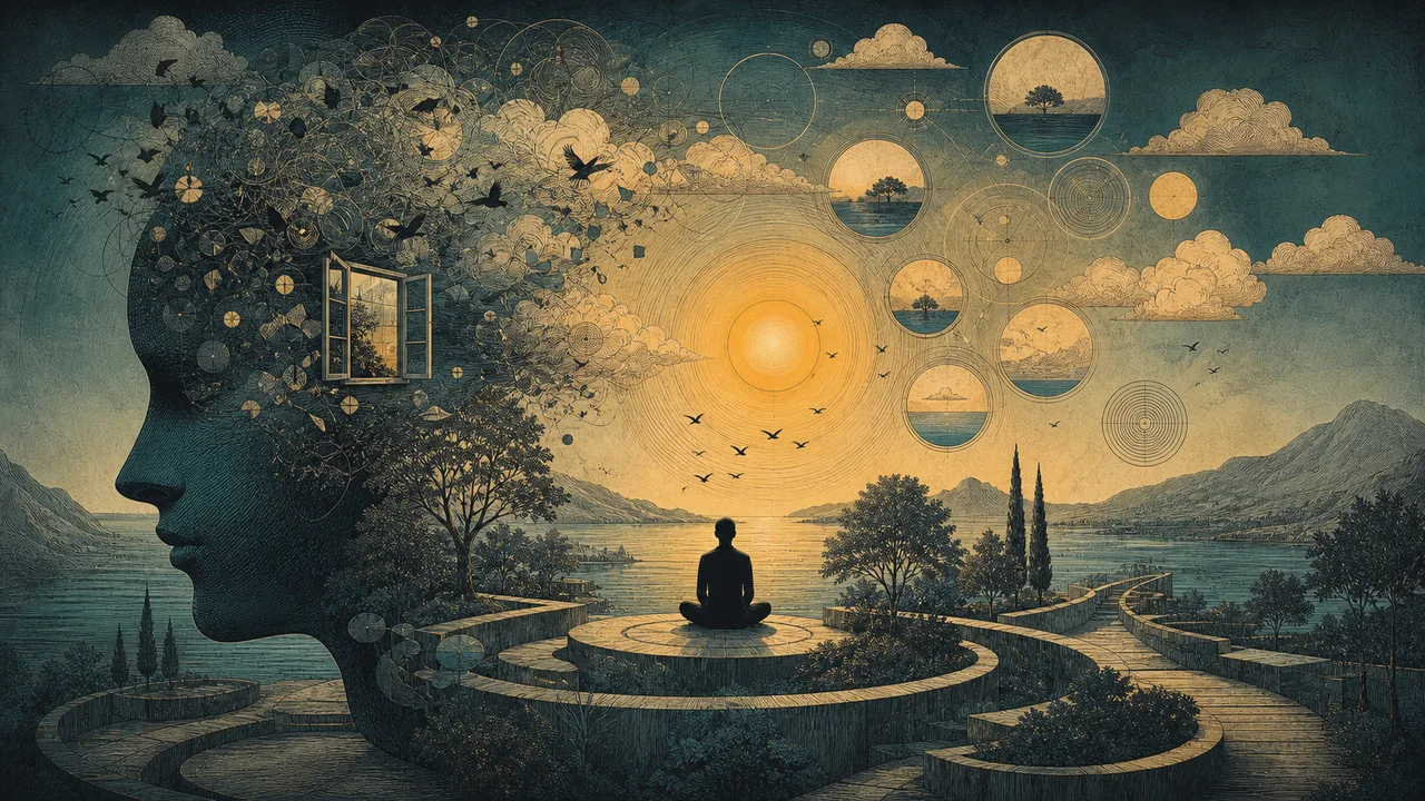 Pessoa praticando mindfulness com pensamentos em movimento ao redor, representando uma mente acelerada sendo observada com presença