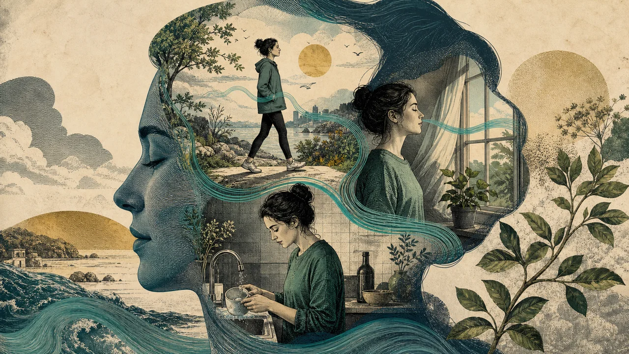 Pessoa praticando mindfulness caminhando em casa com uma xícara, representando atenção plena no cotidiano