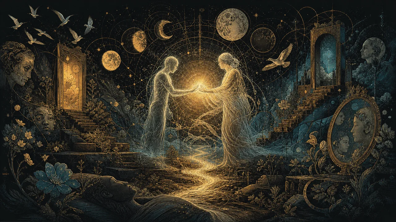 Reencontro sereno entre duas consciências luminosas em um jardim astral durante uma projeção astral
