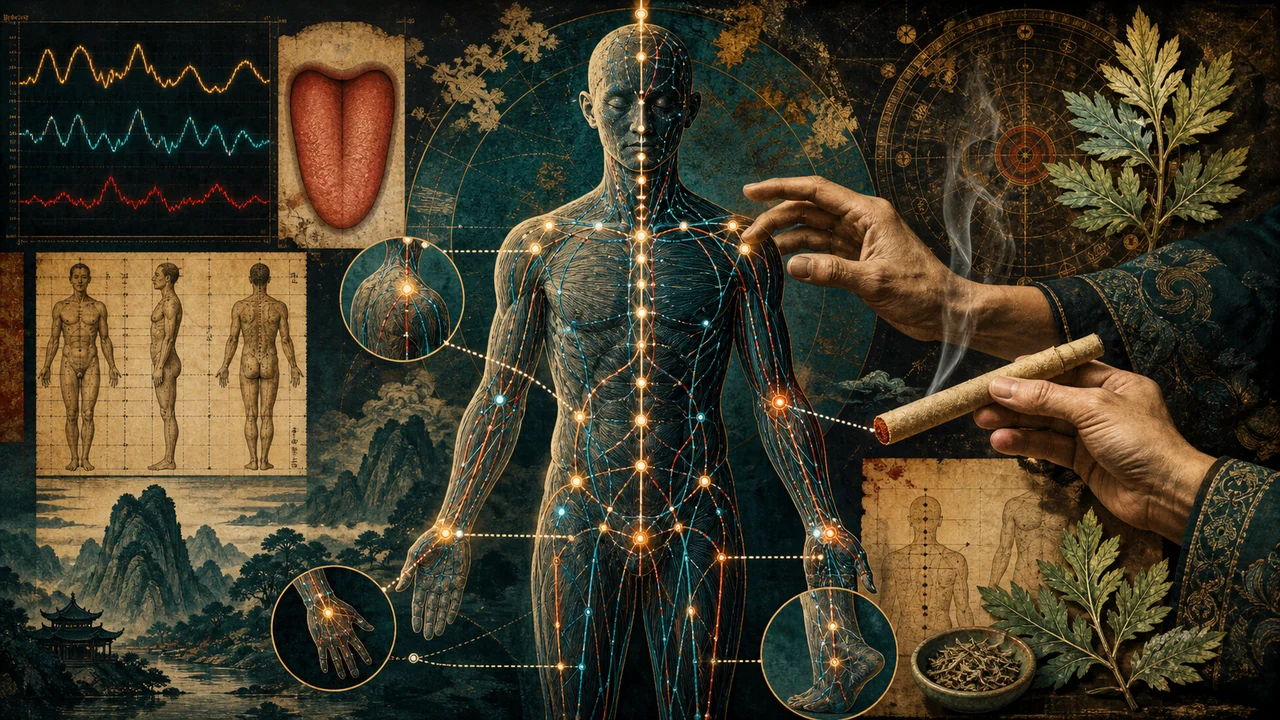 Composição surrealista com meridianos, pontos selecionados e aplicação de moxaterapia
