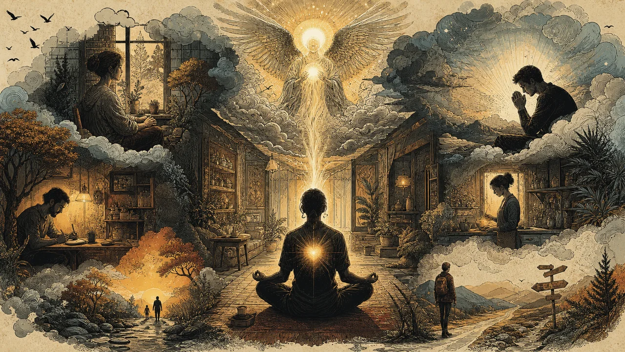 Pessoa em meditação diante de uma presença angélica luminosa e de um altar simples