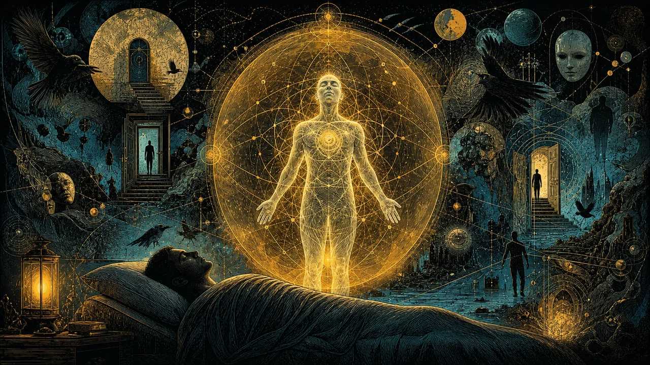 Corpo astral luminoso protegido por um campo de luz durante uma projeção astral serena